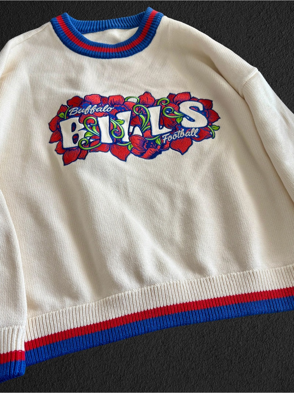 Buffalo David Bitton Cream Crewneck Sweater with Red & Blue Trim